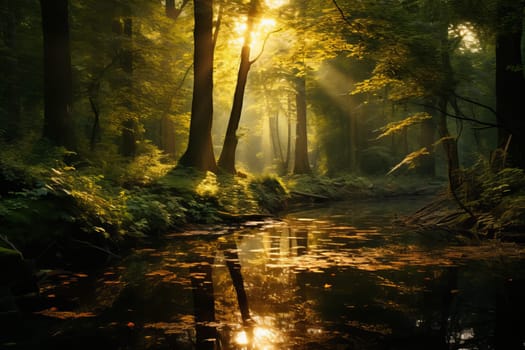 Verdant forest bathed in golden sunlight. Generative AI