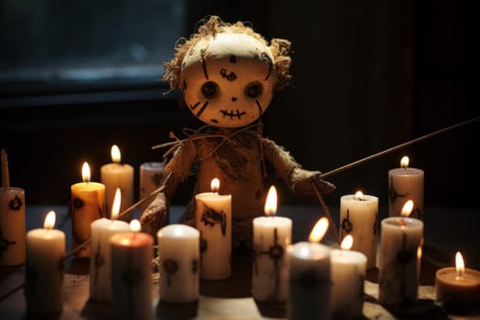 Voodoo doll surrounded by flickering candles. Generative AI