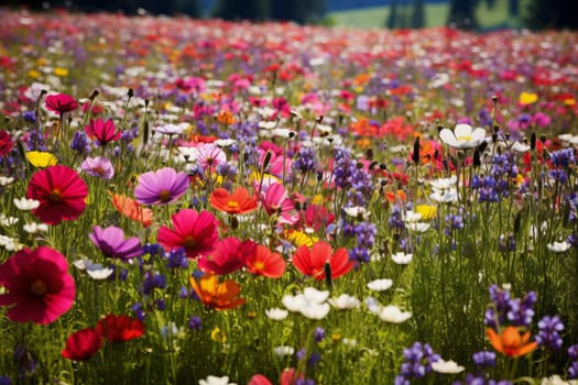 Vibrant wildflowers carpeting the meadow. Generative AI