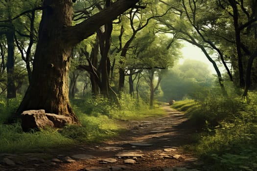 Tranquil forest path leading through a serene. Generative AI