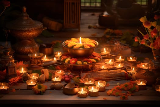 Table filled with lit candles. Generative AI