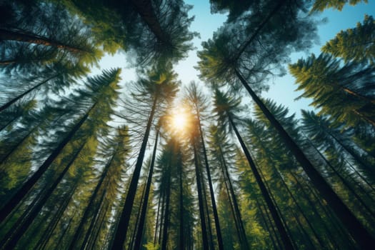 Towering trees framing a picturesque forest. Generative AI