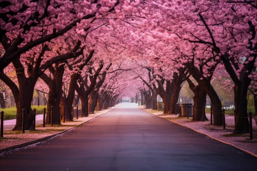 A road surrounded by cherry blossom trees. Generative AI