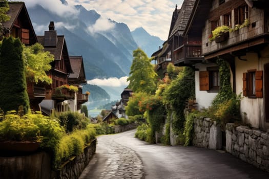 Alpine Village Road In The Alps. Generative AI
