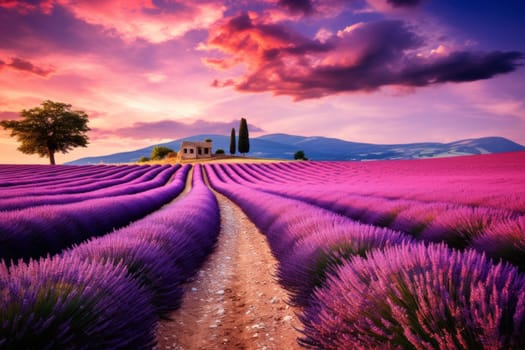 A road surrounded by vibrant lavender fields. Generative AI