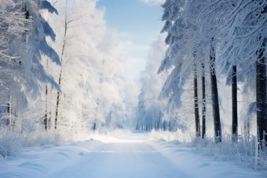 A road through a snow-covered forest. Generative AI
