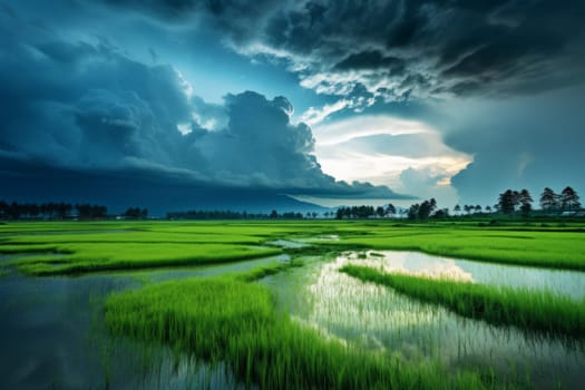 Verdant paddy fields beneath a dramatic cloudy sky. Generative AI