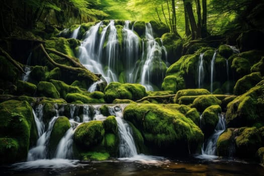 Waterfall Cascading in Mossy Forest. Generative AI