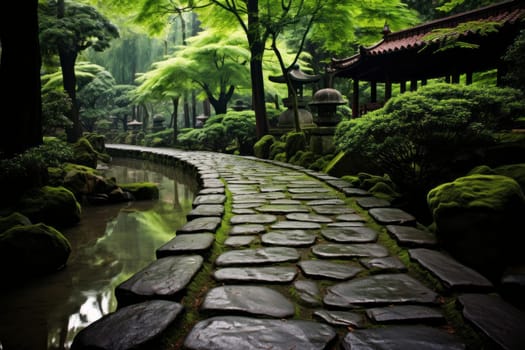 A road through a tranquil Japanese garden. Generative AI