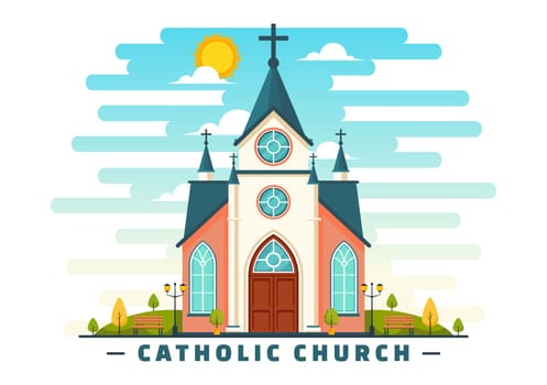 Cathedral Catholic Church Building Vector Illustration With Architecture, Medieval and Modern Churches Interior Design in Flat Cartoon Background