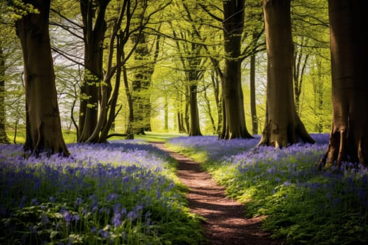 Tranquil Woodland with Blooming Bluebells. Generative AI