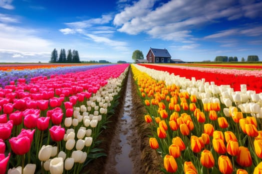 A road surrounded by vibrant tulip fields. Generative AI