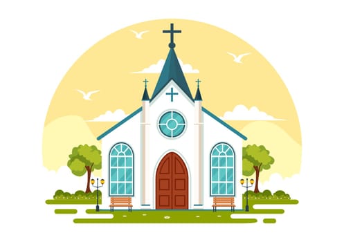 Cathedral Catholic Church Building Vector Illustration With Architecture, Medieval and Modern Churches Interior Design in Flat Cartoon Background