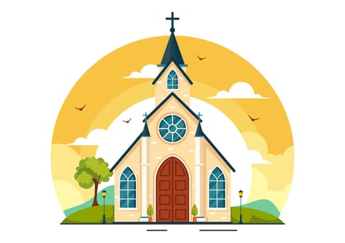 Cathedral Catholic Church Building Vector Illustration With Architecture, Medieval and Modern Churches Interior Design in Flat Cartoon Background