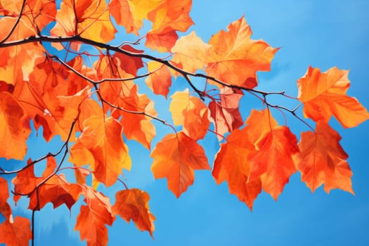 Vibrant autumn leaves against a blue sky backdrop. Generative AI