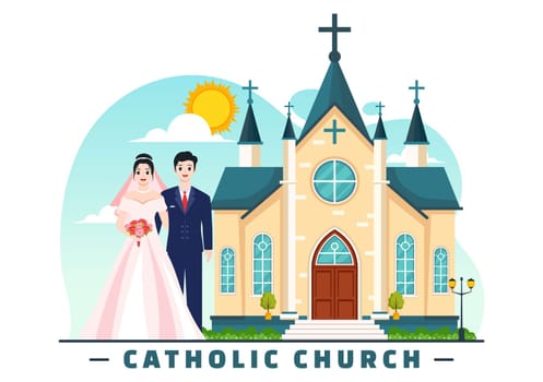 Catholic Church Cathedral as a Sacred Place for Weddings Flat Cartoon Background Vector Illustration