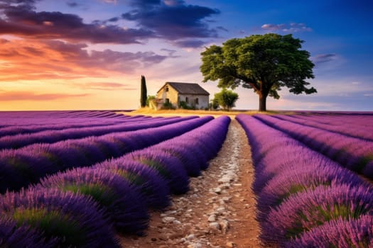 A winding road through a serene lavender field. Generative AI