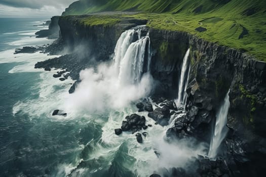 Aerial view of a dramatic waterfall. Generative AI