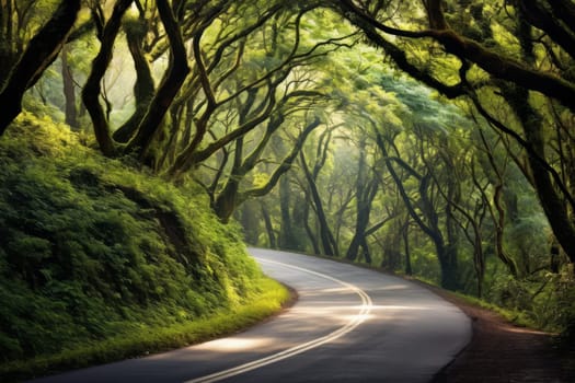 Lush Green Forest Road. Generative AI