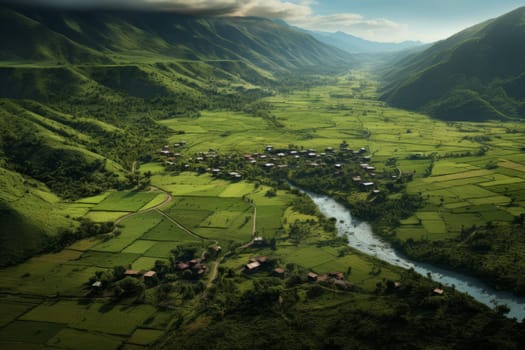 Remote Village in Green Valley. Generative AI