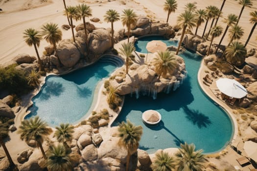 Remote Desert Oasis with Palm Trees. Generative AI