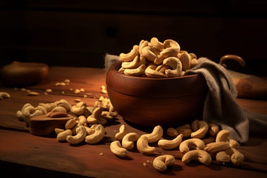 Cashew Nuts on Rustic Wooden Surface. Generative AI