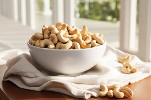 Cashews in Ceramic Bowl with Cloth Napkin. Generative AI