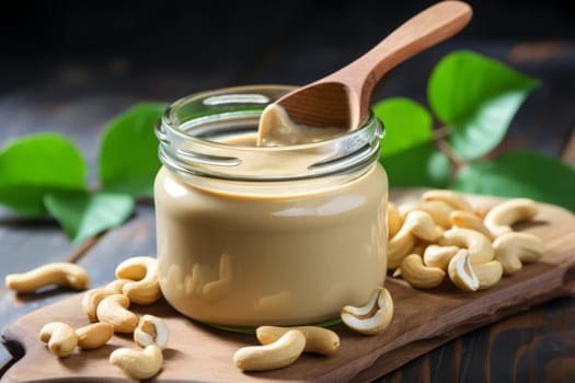 Cashew Butter in Jar with Wooden Spoon. Generative AI