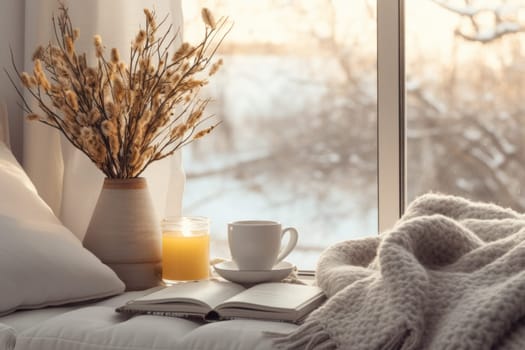 Cozy Living Room with Winter Decor and Tea. Generative AI