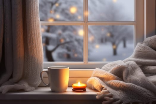 Cozy Winter Scene with Blanket and Cocoa. Generative AI