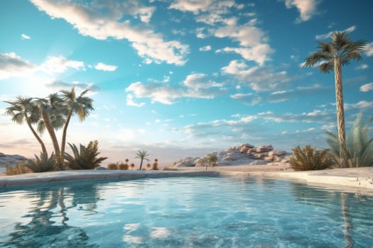 Desert Oasis with Blue Pool. Generative AI