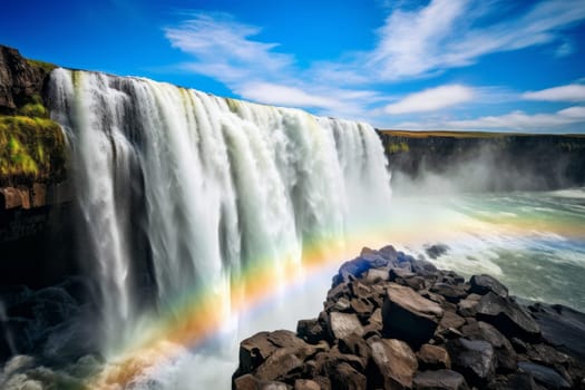 Waterfall with Rainbow background. Generative AI