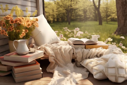 Mockup of a cozy outdoor reading nook with books. Generative AI