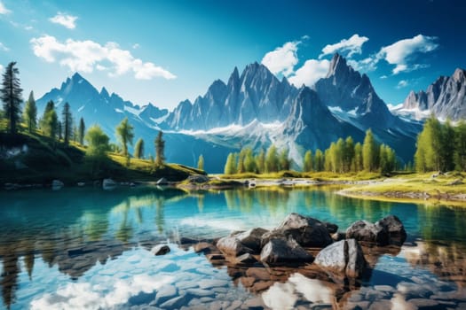 Rocky Mountain Lake background. Generative AI