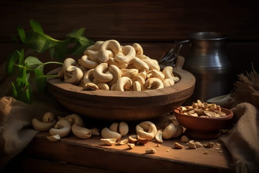 Shelled Cashews on Rustic Table. Generative AI