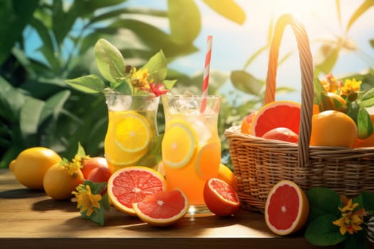 Summer Picnic with Basket and Refreshing Drinks. Generative AI