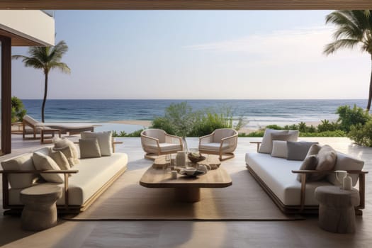 Spacious living room with panoramic ocean view. Generative AI