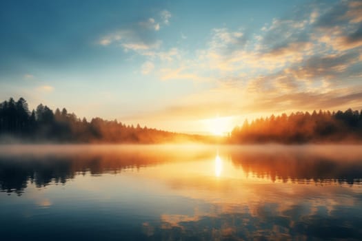 Misty Sunrise Over Lake. Generative AI