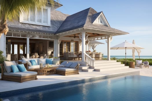 House with a pool and a covered patio. Generative AI