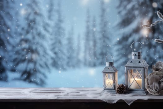 Winter tabletop mockup decoration. Generative AI