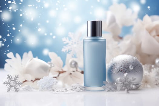 Winter Beauty Product Mockup with Snowflakes. Generative AI