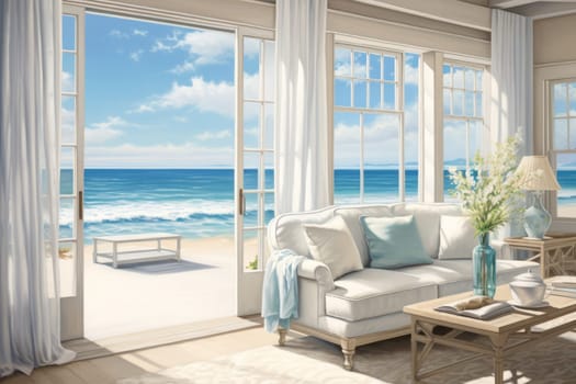 Painting of a living room with a view of the ocean. Generative AI
