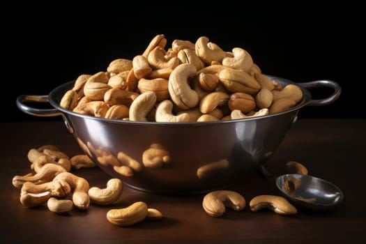 Cashew Nuts in Stainless Steel Bowl. Generative AI