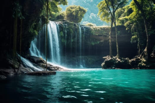 Waterfall Cascading into Clear Blue Pool. Generative AI