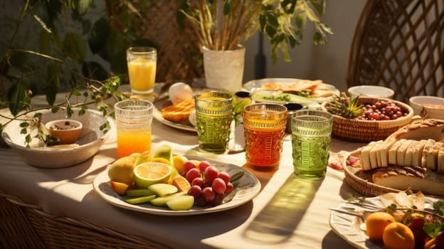 A close up of a Sukkah table set with festive dinnerware. Generative AI
