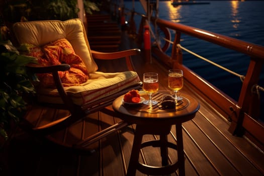 A boat deck setting with a captain's chair and a glass of rum punch. Generative AI