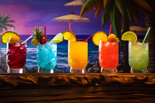 A close up of a tropical bar setting with a row of colorful rum punch cocktails. Generative AI