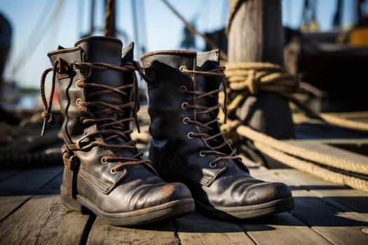 Pirate's Worn Leather Boots on Ship Deck. Generative AI