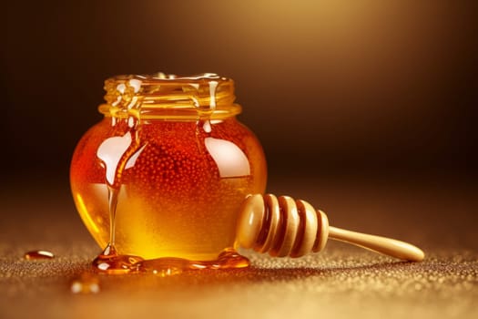 Jar of honey with a wooden spoon. Generative AI