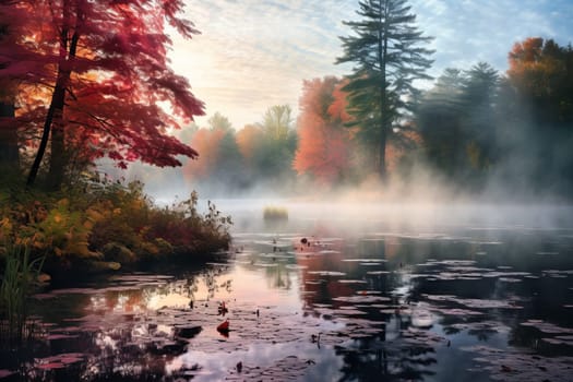 Misty Pond Surrounded by Fall Colors. Generative AI